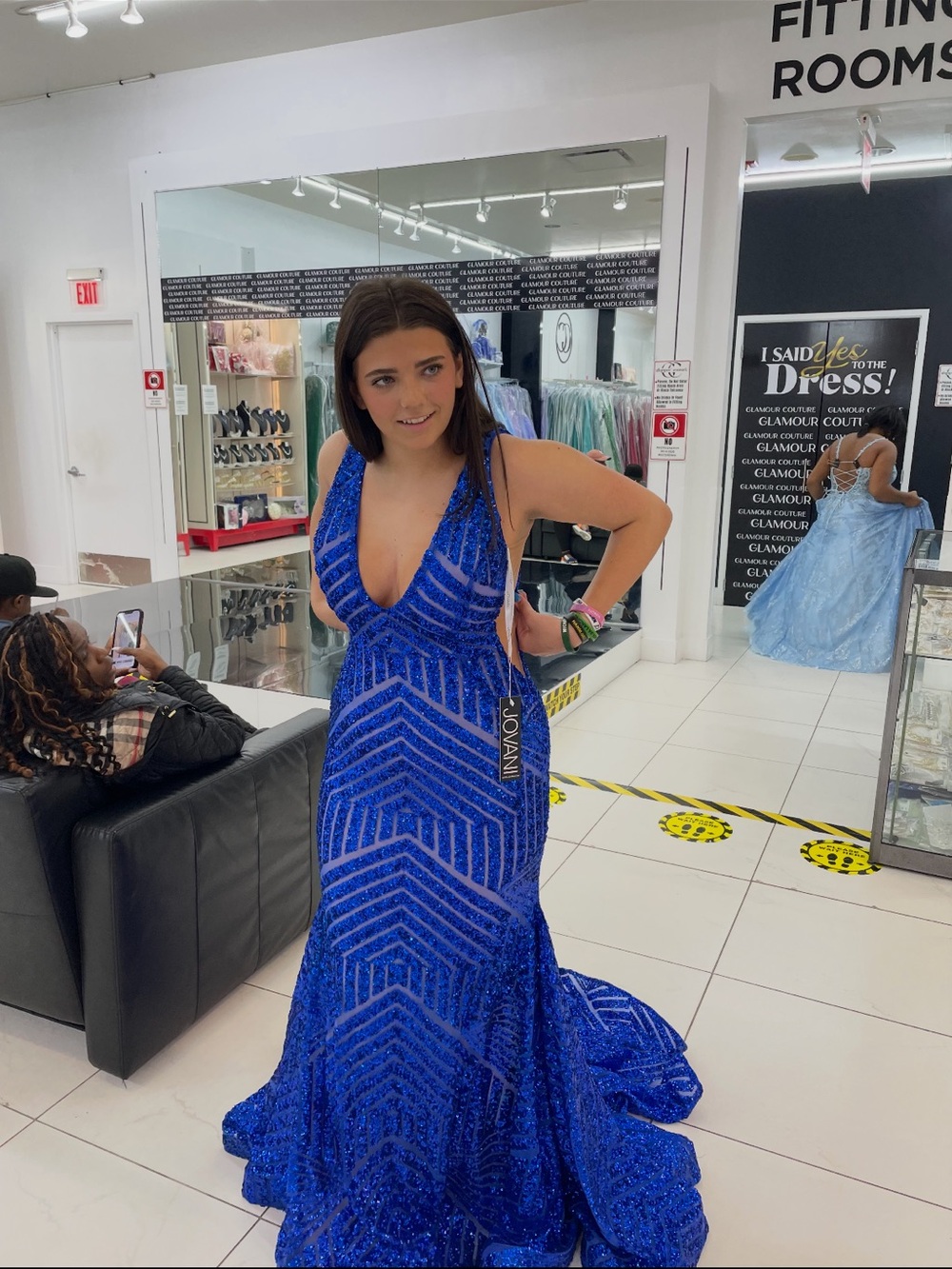 Jovani Cobalt Sequin Deep V Prom Gown